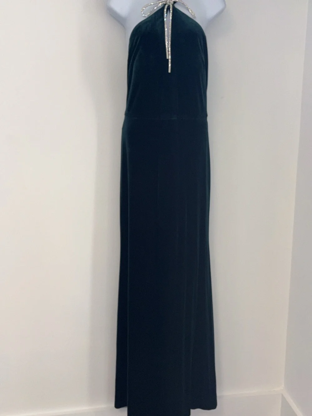 Elegant Green or dark green Velvet Halter Gown with Silver Tie